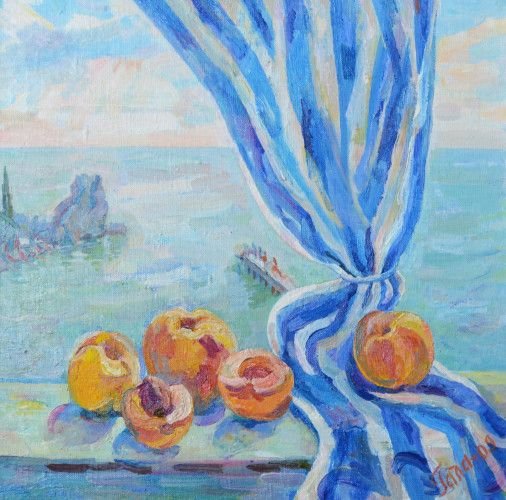 Painting «Sea and peaches», oil, canvas. Painter Kyrylenko-Barannikova Halyna. Buy painting