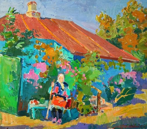 Painting «Petrovna and her centenary hut», oil, canvas. Painter Makedonskyi Pavlo. Buy painting