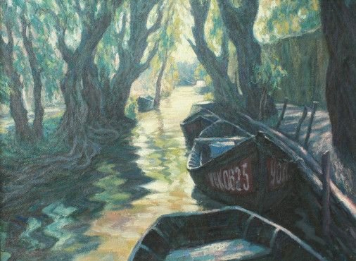 Painting «Boats. Vilkovo», oil, hardboard. Painter Korinok Viktor. Buy painting