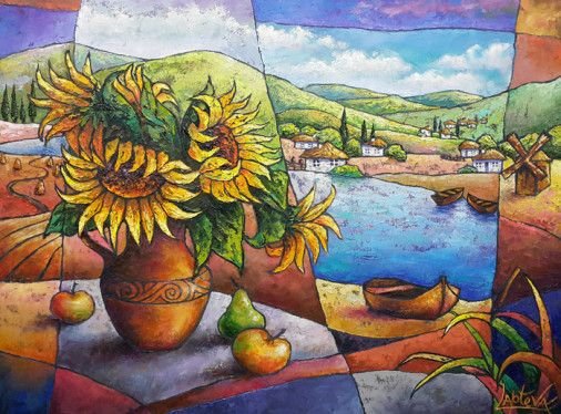 Painting «Still life with sunflowers», oil, canvas. Painter Laptieva Viktoriia. Buy painting