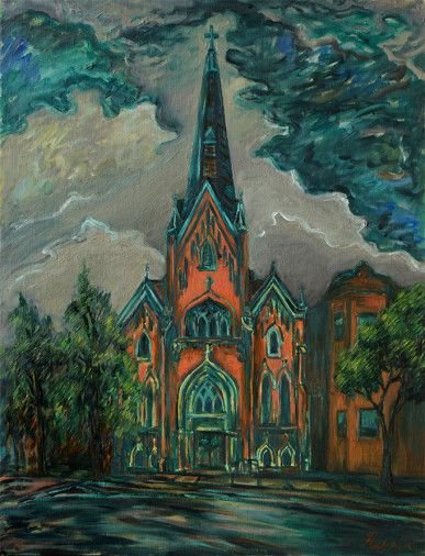 Painting «Red church», oil, canvas. Painter Reznik Oksana. Buy painting
