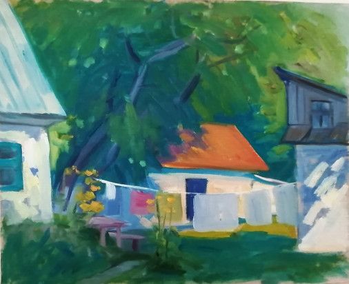 Painting «A village yard», oil, paper. Painter Zhulinskyi Mykola. Sold