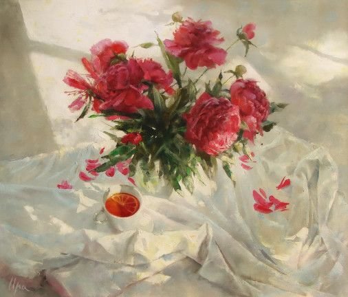 Painting «Peony tea», oil, canvas. Painter Protsenko Iryna. Sold