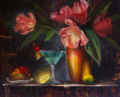Картина «Натюрморт з тістечком і тюльпанами», олійні фарби, полотно. Художниця Багацька Наталія. Купити картину