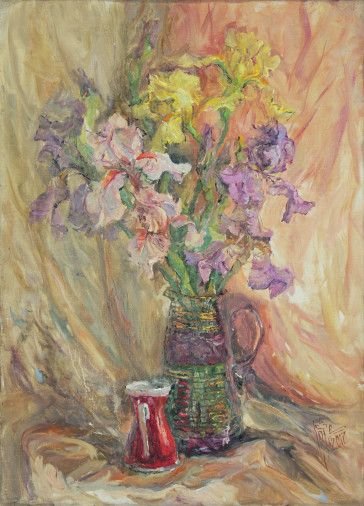 Painting «Irises on red», oil, canvas. Painter Brazhnyk Olena. Buy painting