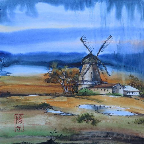 Painting «Old windmill», watercolor, paper. Painter Samsonova Tetiana. Sold