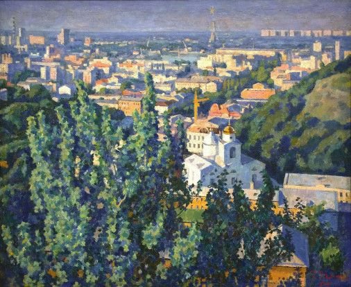 Painting «Landscape of the Podil with the Holy Cross Church», oil, canvas. Painter Chamata Ihor. Buy painting