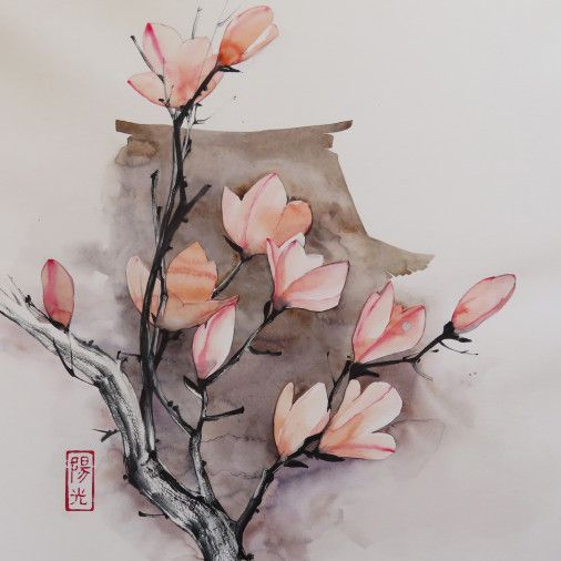 Painting «Magnolias in the Engakudji temple, Japan», watercolor, paper. Painter Samsonova Tetiana. Sold