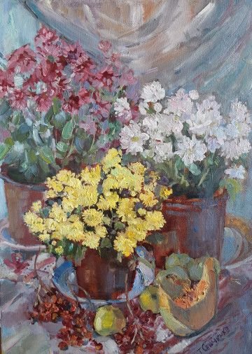 Картина «Хризантеми цвітуть», олійні фарби, полотно. Художниця Сенченко Тетяна. Купити картину