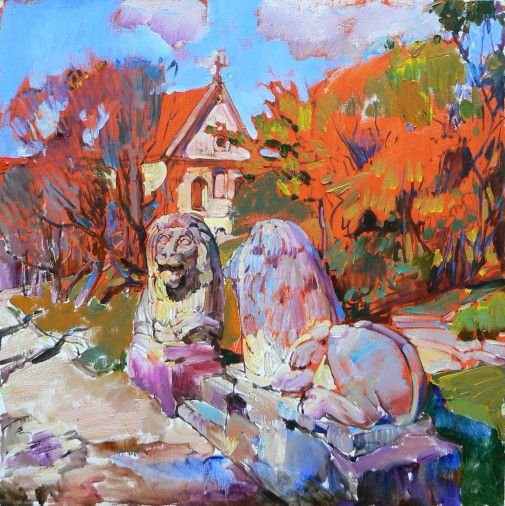 Painting «Ancient park with lions», oil, canvas. Painter Kutsachenko Andrii. Buy painting
