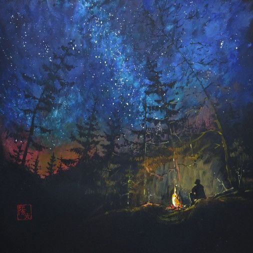 Painting «Night with a stars», watercolor, gouache, ink, paper. Painter Samsonova Tetiana. Sold