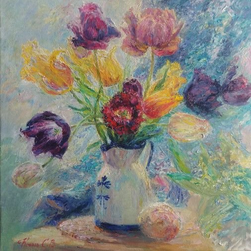 Картина «Глечик тюльпанів», олійні фарби, полотно. Художниця Гунченко Світлана. Купити картину