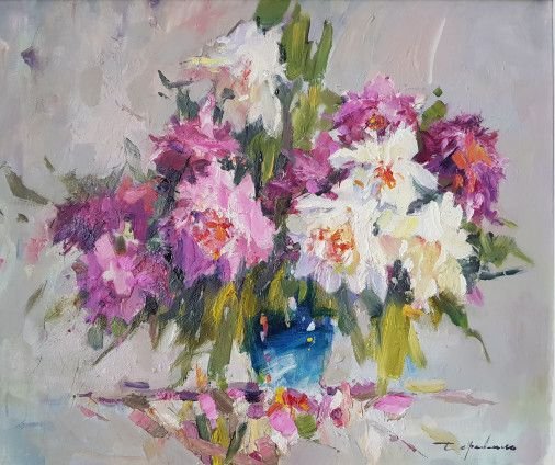 Painting «Peonies in a blue vase», oil, canvas. Painter Terebylo Mykhailo. Buy painting