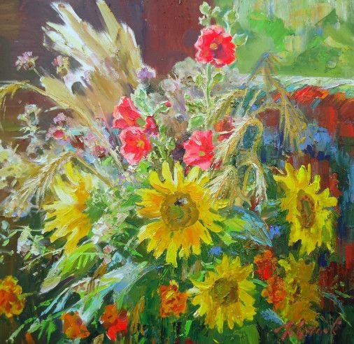Painting «Sunflowers and hollyhocks», oil, canvas. Painter Kutilov Yurii. Buy painting