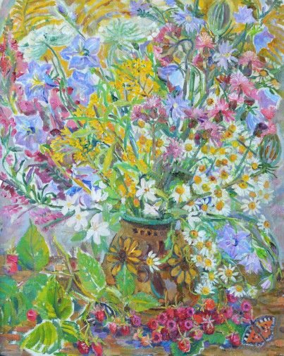 Painting «Wildflowers with raspberries», oil, canvas. Painter Kyrylenko-Barannikova Halyna. Buy painting