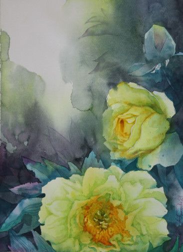 Painting «Yellow peonies 2», watercolor, paper. Painter Dobrodii Hanna. Buy painting