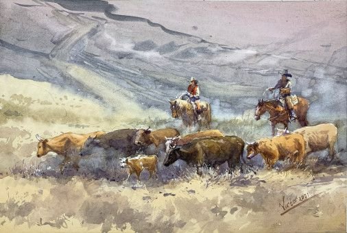 Painting «Cowboys in the pasture», watercolor, paper. Painter Mykytenko Viktor. Buy painting