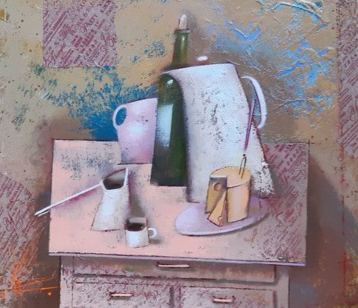 Painting «Pink table», oil, collage, canvas. Painter Korniienko Oksana. Buy painting