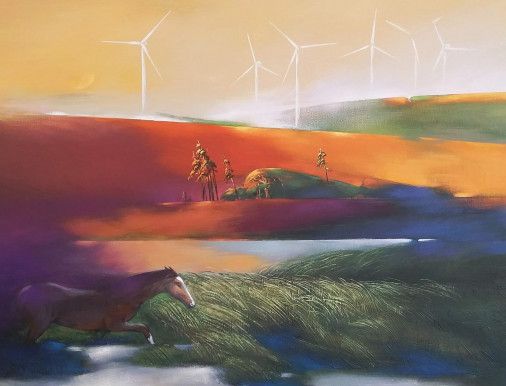 Painting «Landscape with windmills», acrylic, canvas. Painter Hrabovskii Andrii. Sold