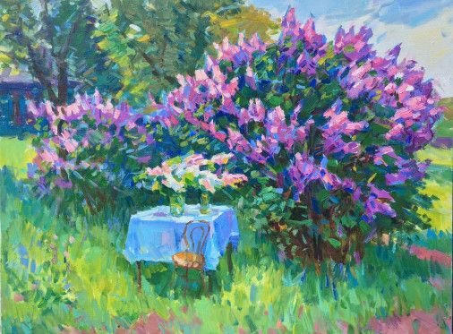 Painting «In the evening. Lilac bushes», oil, canvas. Painter Pereta Viacheslav. Sold