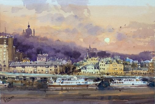 Painting «Kiev, pier, moon», watercolor, paper. Painter Mykytenko Viktor. Buy painting