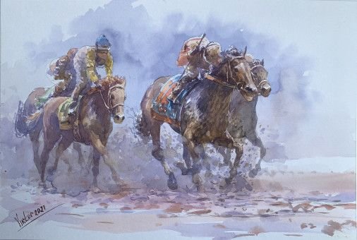 Painting « Horse racing, wrestling», watercolor, paper. Painter Mykytenko Viktor. Buy painting