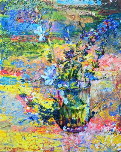 Painting «Multi-colored still-life with blue wildflowers», oil, canvas. Painter Kutsachenko Andrii. Buy painting