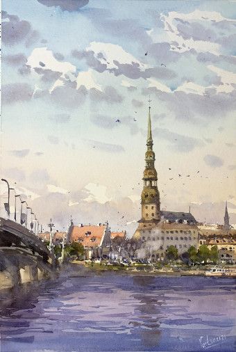 Painting «Riga, evening near the bridge», watercolor, paper. Painter Mykytenko Viktor. Buy painting