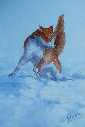 Painting «Playful Cat in the Snow», watercolor, paper. Painter Mykytenko Viktor. Buy painting