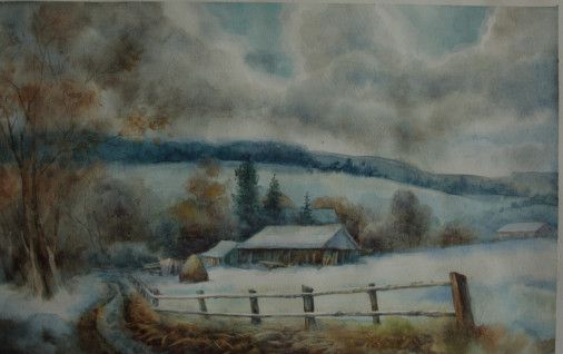 Картина «Зима в селі», акварель, папір. Художниця Добродій Ганна. Купити картину
