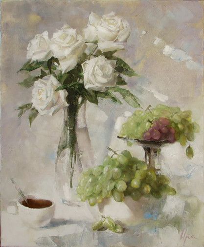 Painting «Roses and Riesling from the Rheine», oil, canvas. Painter Protsenko Iryna. Sold
