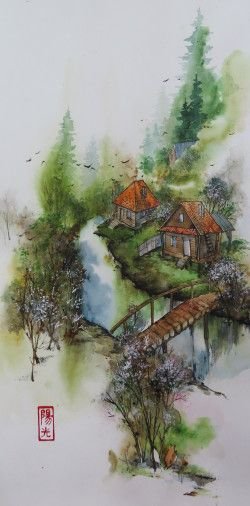 Картина «Карпатське селище», акварель, туш, папір. Художниця Самсонова Тетяна. Продана