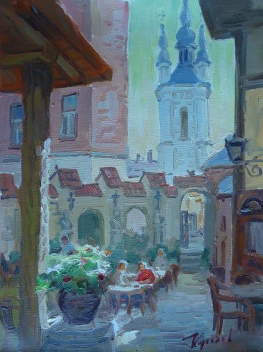 Painting «Cafe in the old courtyard», oil, canvas. Painter Kutilov Yurii. Buy painting
