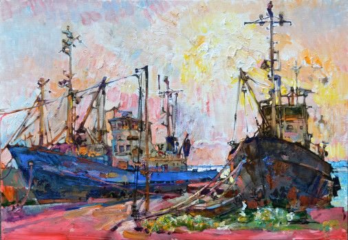 Painting «Seiners, sunset», oil, canvas. Painter Kutsachenko Andrii. Buy painting