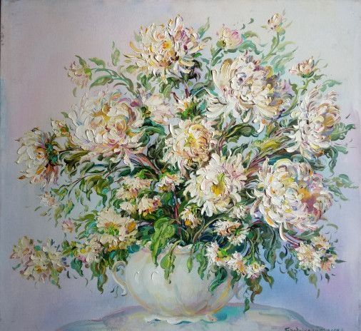 Painting «White Chrysanthemum. Autumn», oil, canvas. Painter Horodnycheva-Lutskevych Halyna. Buy painting