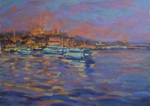Painting «Sunset over Suleymaniye Mosque in Istanbul», oil, canvas. Painter Orlova Maryna. Buy painting