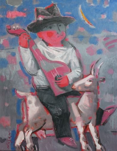 Painting «If I had known, I would have taken a goat and married a goat. Got up in the morning, milked, drank milk», oil, canvas. Painter Nosan Volodymyr. Sold