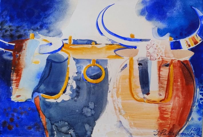 Painting «Series Bull universe. Couple », watercolor, paper. Painter Pantelemonova Inna. Buy painting