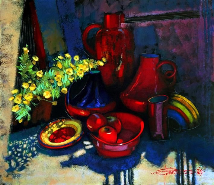 Painting «Red and striped», acrylic, canvas. Painter Sachenko Olena. Buy painting