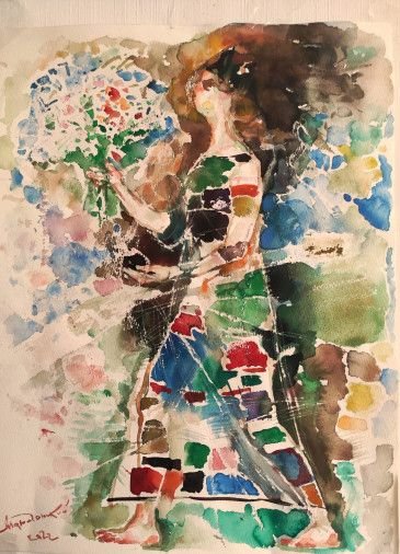 Painting «Walking with a bouquet of flowers and a black fruit», watercolor, paper. Painter Makedonskyi Pavlo. Buy painting