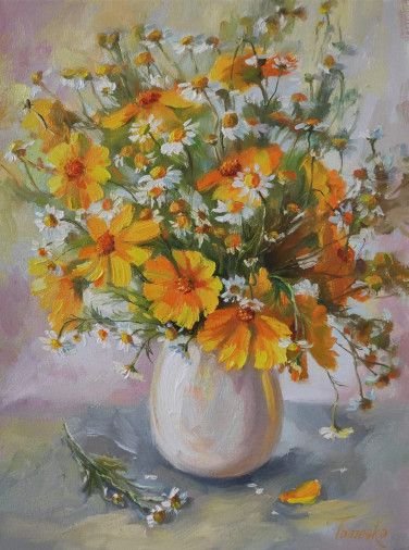 Картина «Літній букет з ромашками», олійні фарби, полотно. Художниця Томеско Юлія. Продана