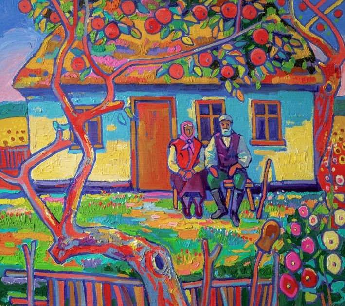 Painting «Near the house. Grandfather and grandmother», oil, canvas. Painter Solodovnikov Ihor. Buy painting