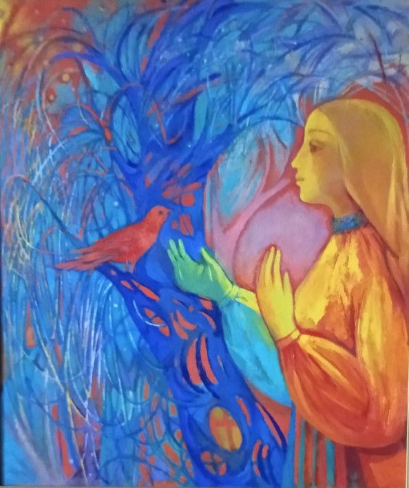Картина «Розмова з пташкою», олійні фарби, полотно. Художниця Кондратюк Олена. Купити картину