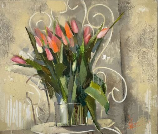Картина «Брюссельські тюльпани», олійні фарби, акрил, колаж, полотно. Художниця Корнієнко Оксана. Купити картину