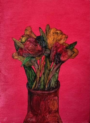 Картина «Садові тюльпани на червовому фоні», олійні фарби, полотно. Художниця Булкіна Анна. Купити картину