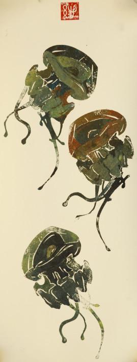 Картина «Медузы II», масло, акрил, авторская, линогравюра, монотипия, бумага. Художница Левина Валентина. Купить картину