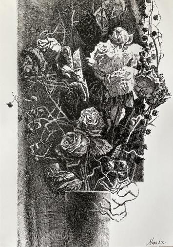 Картина «Троянди та шипшина», туш, полотно. Художниця Якимащенко Леонора. Купити картину