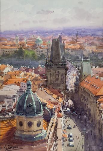Painting «Prague. Orange roofs», watercolor, paper. Painter Mykytenko Viktor. Buy painting