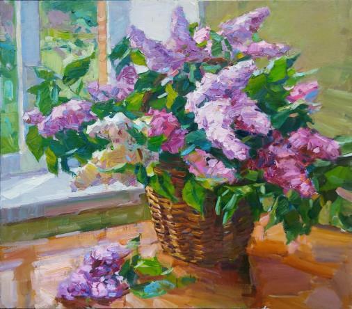 Painting «Basket with lilacs», oil, canvas. Painter Pereta Viacheslav. Buy painting
