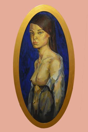 Painting «Youth (a girl with a nude breast)», oil, canvas, hardboard, canvas on fibreboard. Painter Drozdova Mariia. Buy painting